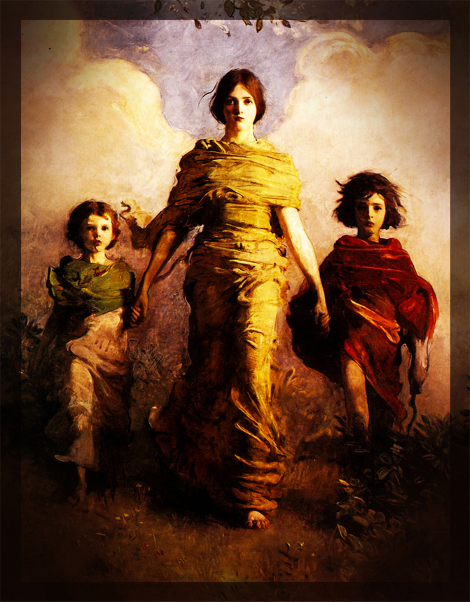 Painting of a woman holding the hands of two children