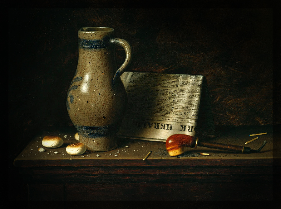 Still life of pitcher, pipe, bread, and newspaper