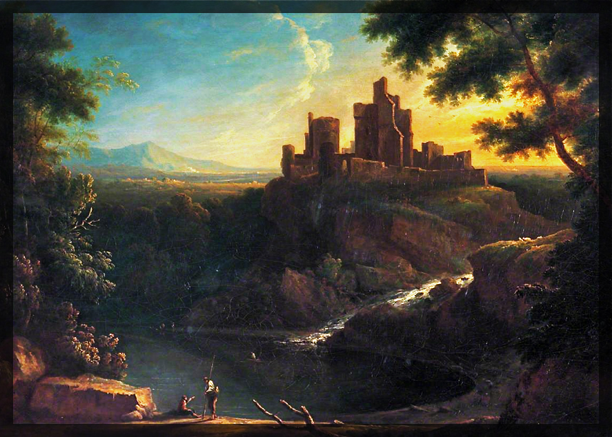 Painting of a ruin of a castle high on a hill.