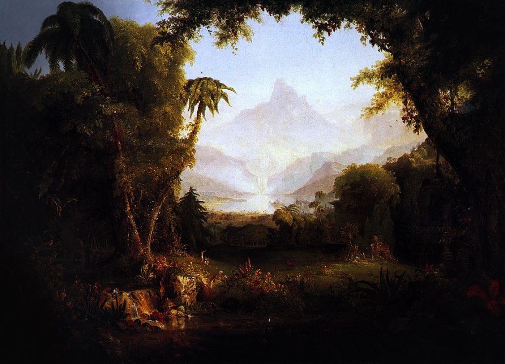 Painting of country scene with forest and mountains in the background.